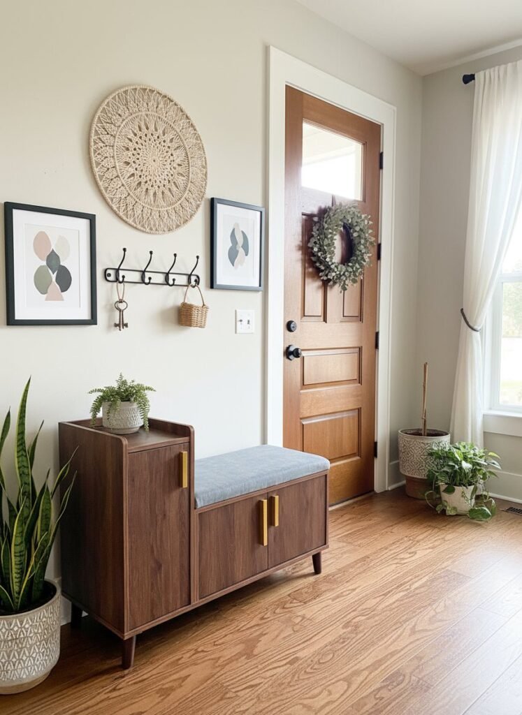 Able Shoe Rack in walnut finish, angled view as entryway bench with cushioned seat and closed doors